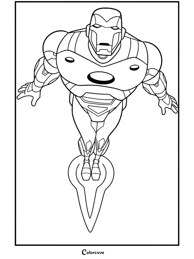 Dibujo para colorear de Iron Man volando hacia adelante con su clásica armadura roja y dorada y el Reactor Arc azul brillante.