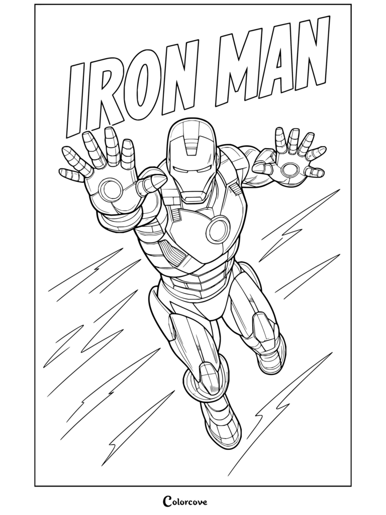 Dibujo para colorear de Iron Man volando hacia adelante con ráfagas de repulsores y el brillante Reactor Arc en el pecho al estilo cómic.