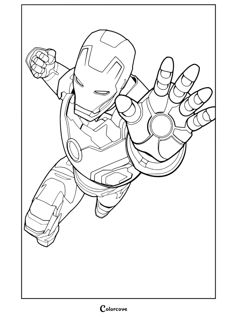 Dibujo para colorear de Iron Man volando con la palma extendida y cargando el rayo repulsor.