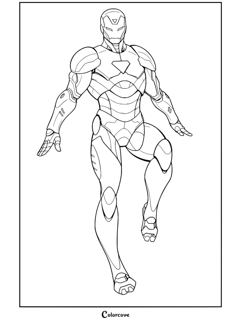 Dibujo para colorear de Iron Man volando con ráfagas de repulsores en manos y botas vistiendo la Armadura Model-Prime.