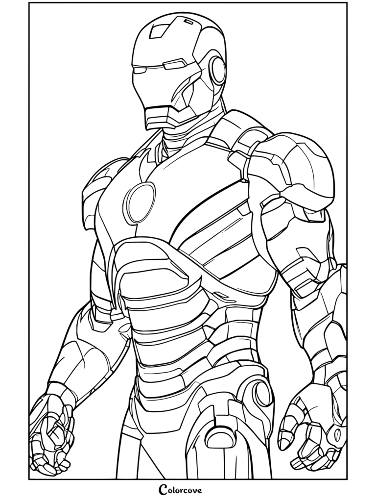 Dibujo para colorear de Iron Man con armadura roja y dorada y el Reactor Arc brillante sobre un colorido fondo geométrico.