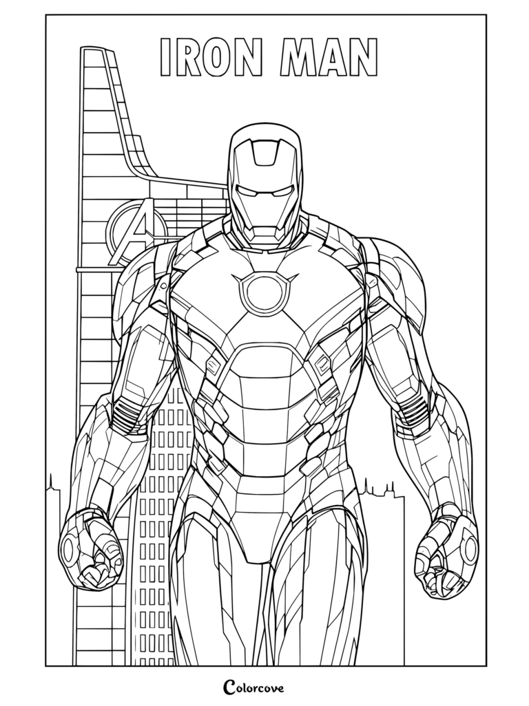 Dibujo para colorear de Iron Man de pie frente a la Torre Stark con el Reactor Arc y el emblema de la prueba de que Tony Stark tiene corazón.