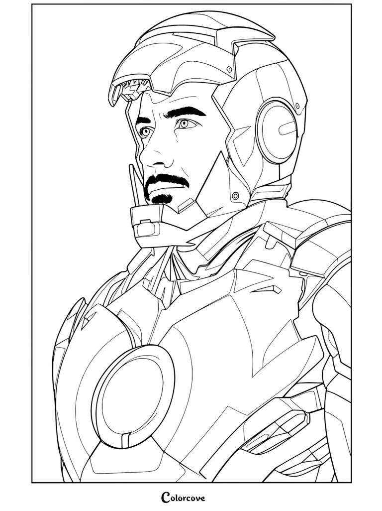 Dibujo para colorear de Iron Man con Tony Stark mostrando el visor del casco retraído y la placa pectoral con el brillante Reactor Arc.
