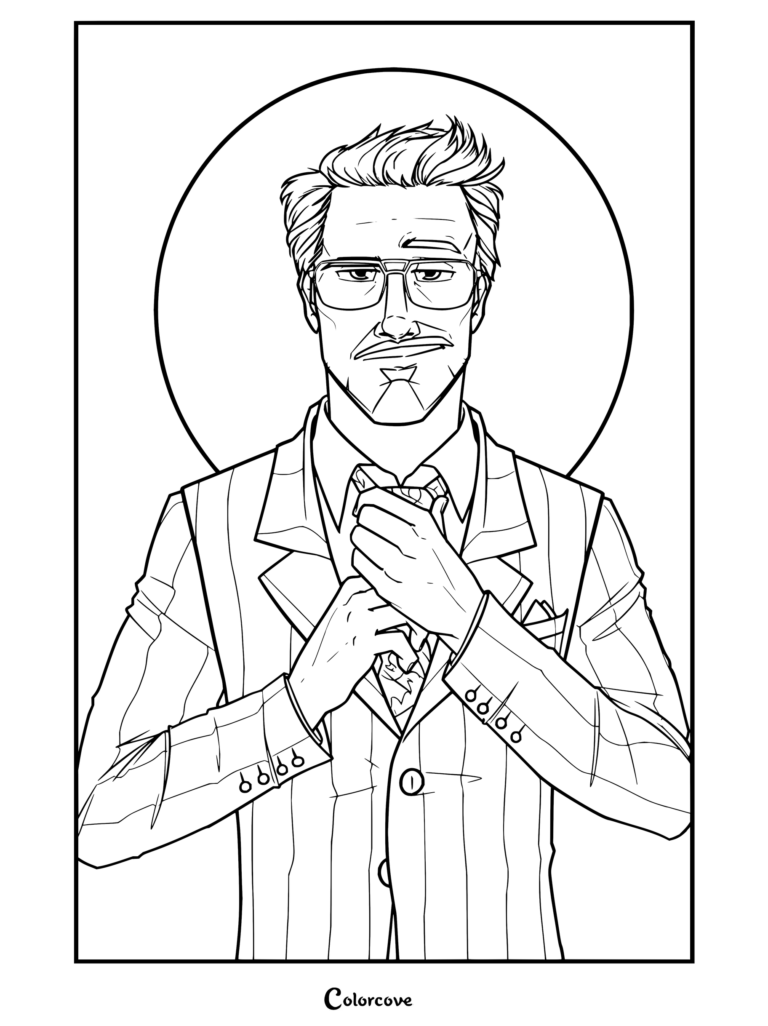 Dibujo para colorear de Tony Stark ajustándose una corbata morada estampada, con traje de raya diplomática y gafas tintadas sobre un fondo circular amarillo.