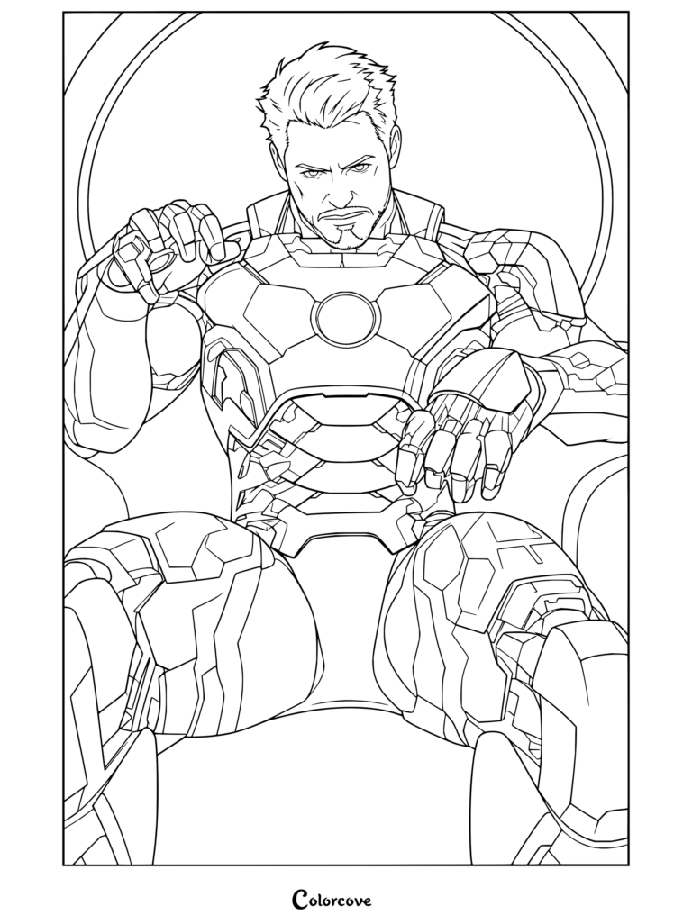 Dibujo para colorear e imprimir de Tony Stark como Iron Man sentado en un trono con su armadura dañada y el brillante Reactor Arc.
