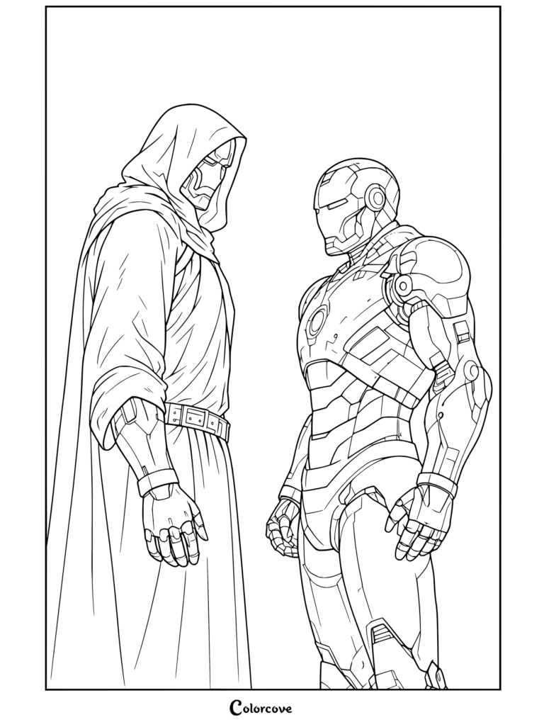 Dibujo para colorear imprimible de Doctor Doom y Iron Man enfrentándose en una calle urbana.