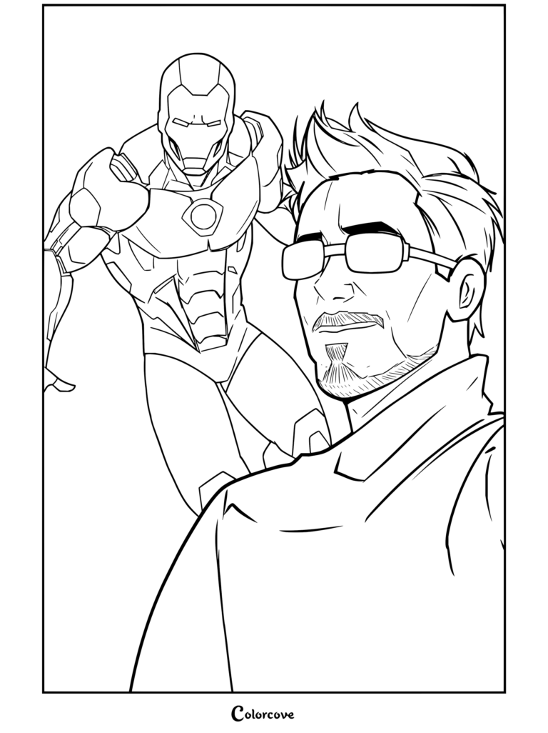Dibujo para colorear de Tony Stark tomándose una selfie con gafas de sol y camisa, con su armadura de Iron Man posando detrás.