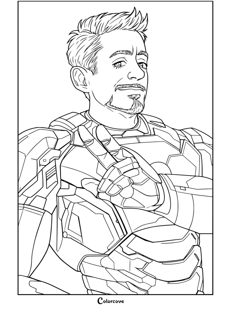 Dibujo para colorear de Tony Stark con la armadura de Iron Man posando con la mano y su repulsor brillante.