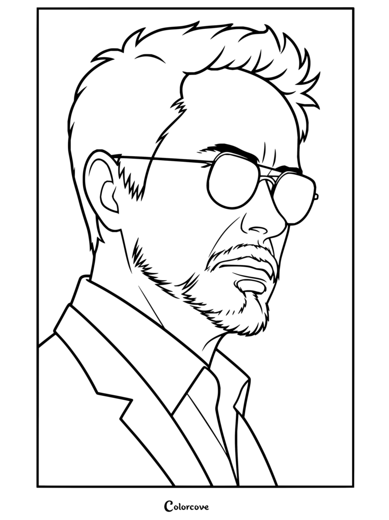 Dibujo para colorear de Tony Stark con gafas de sol tintadas y perilla junto a Iron Man.