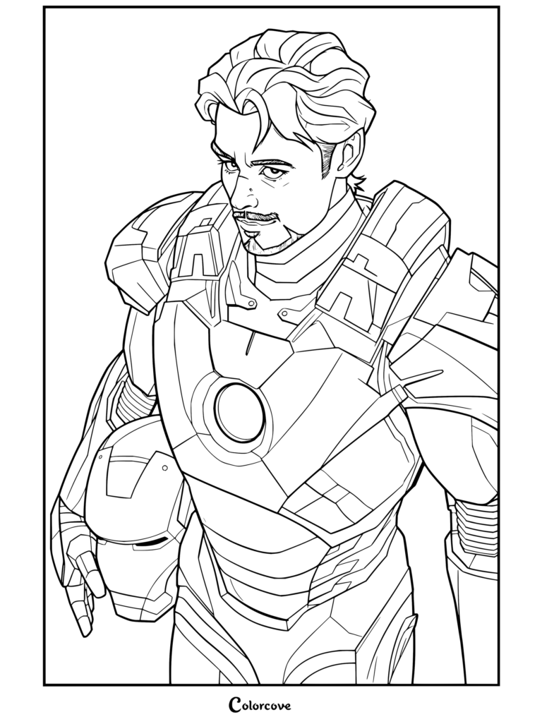 Dibujo para colorear e imprimir de Tony Stark sin casco sosteniendo la máscara de Iron Man, con armadura roja y dorada y el Reactor Arc azul brillante.