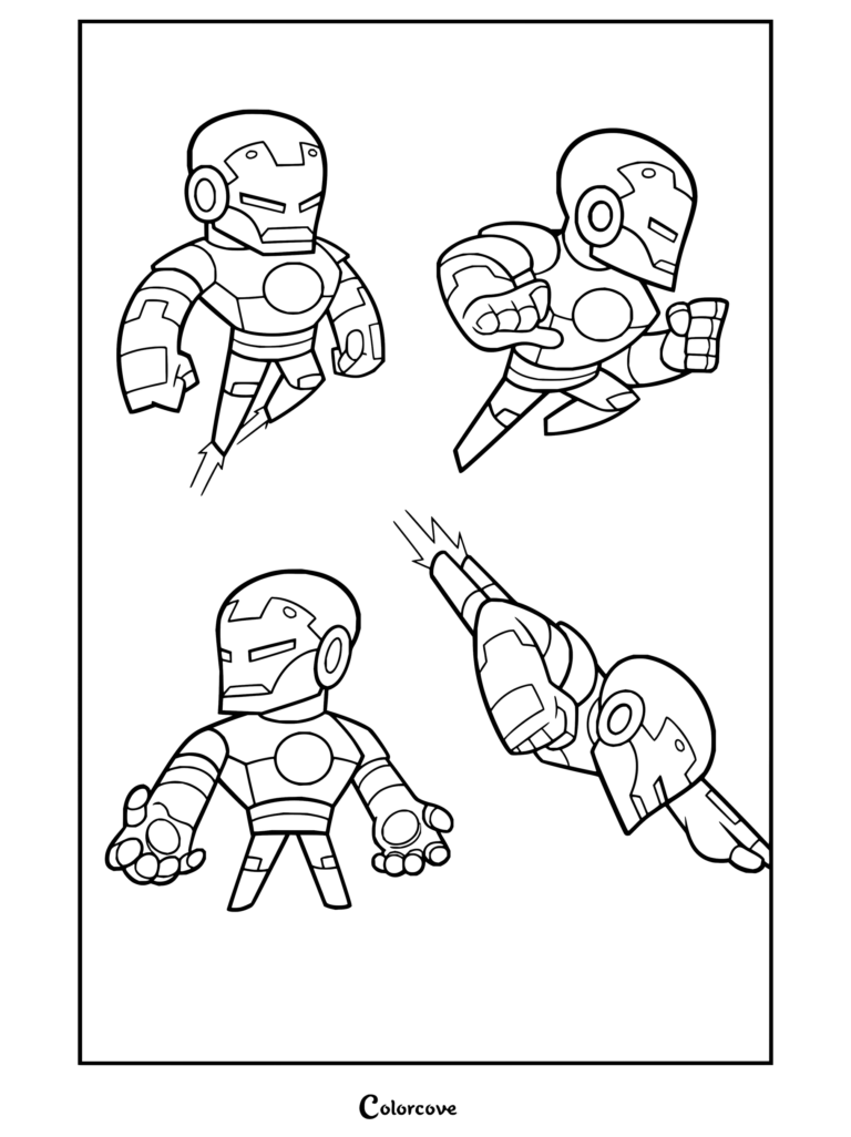 Un dibujo para colorear con cuatro poses animadas de Iron Man, incluidas de pie, volando y cargando energía al estilo Chibi.