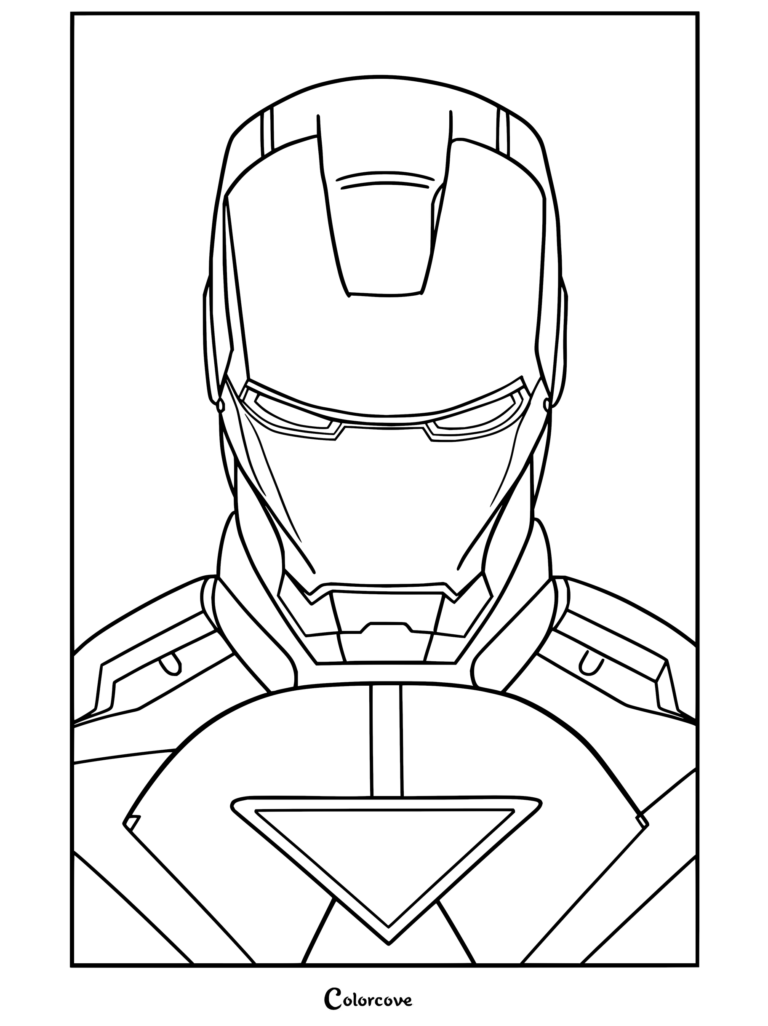 Dibujo para colorear e imprimir del busto de Iron Man con armadura roja y dorada, ojos blancos brillantes y el Reactor Arc en el pecho.
