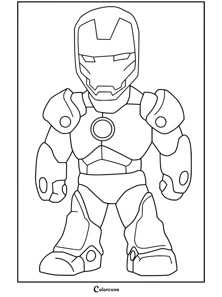 Dibujo para colorear del personaje animado Iron Man Chibi con armadura roja y dorada y Reactor Arc.