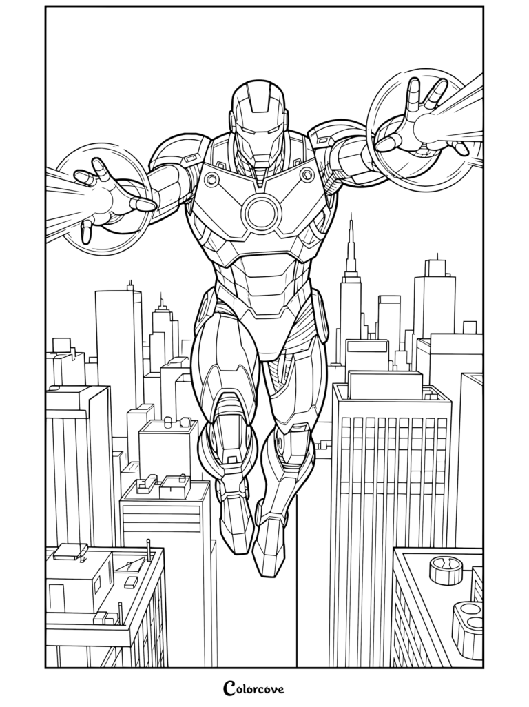Dibujo para colorear de Iron Man volando sobre una ciudad iluminada de noche con sus repulsores y el Reactor Arc brillando.