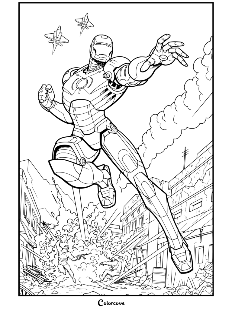 Dibujo para colorear de Iron Man que muestra al héroe volando sobre las calles de una ciudad en guerra con explosiones y aviones de combate.