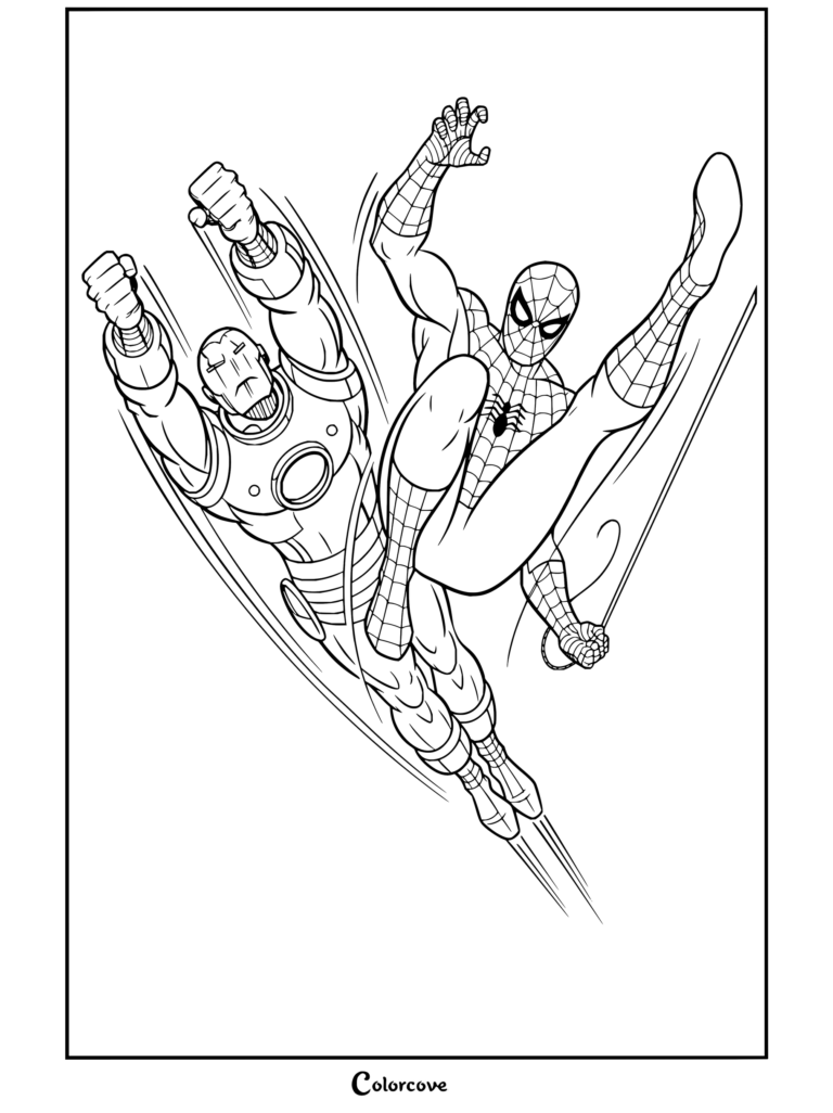 Dibujo para colorear de Iron Man volando junto a Spider-Man en una pose clásica de cómic en acción
