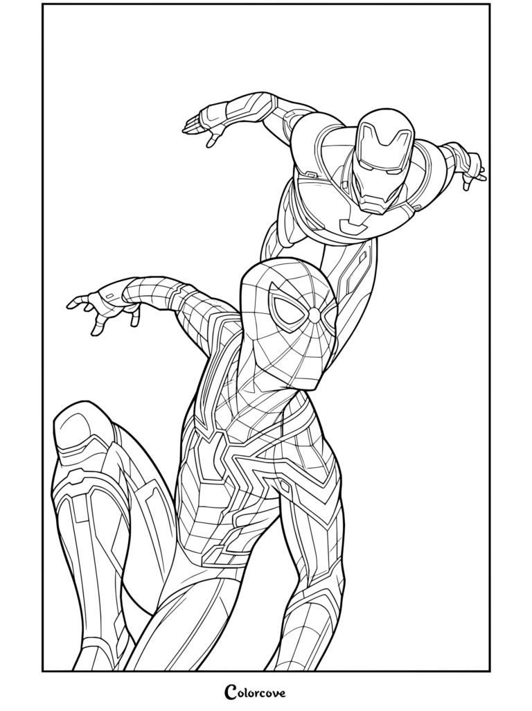 Dibujo para colorear de Iron Man volando junto a Spider-Man con el traje Iron Spider contra un cielo nublado