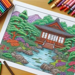 a coloring book with a picture of a house and a river