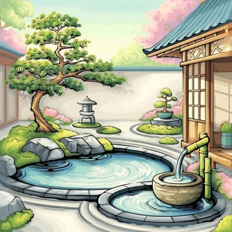 A peaceful Japanese garden coloring page illustration