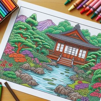 Japanese garden coloring page with a traditional wooden house, serene pond, and vibrant trees, markers and colored pencils nearby.