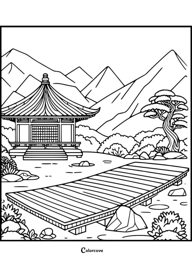 A serene Japanese Garden coloring page featuring a traditional pagoda, a wooden bridge, and mountain scenery.