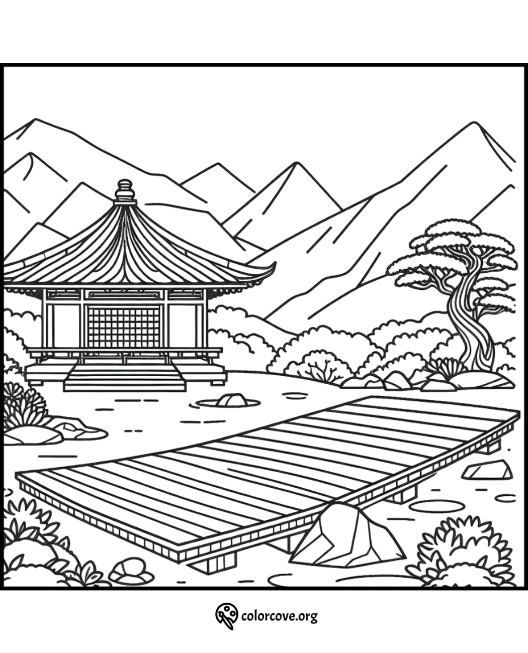 a black and white drawing of a pagoda and a bridge