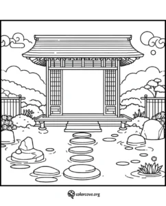 Japanese garden pavilion coloring page with stepping stones, koi pond, and surrounding trees and plants.