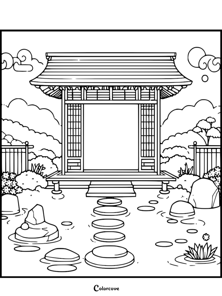 A printable Japanese Garden coloring page featuring a traditional temple gate, stone path, and serene pond landscape.