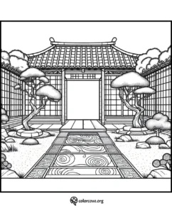 Coloring page featuring a tranquil Japanese garden with bonsai trees and a traditional entrance gate. ColorCove.org