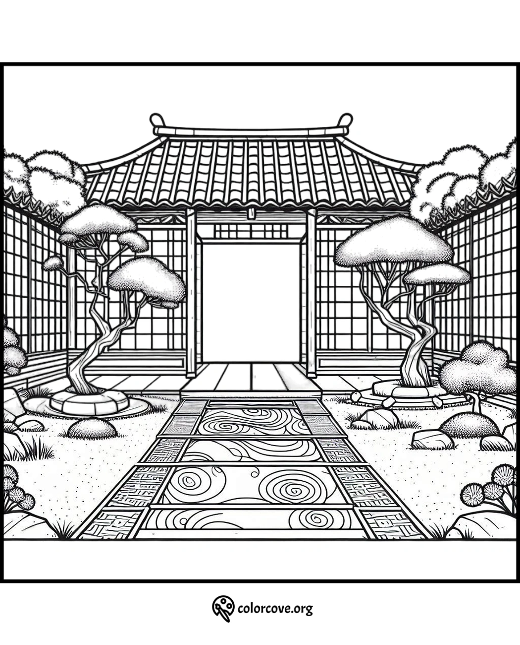 a drawing of a japanese garden