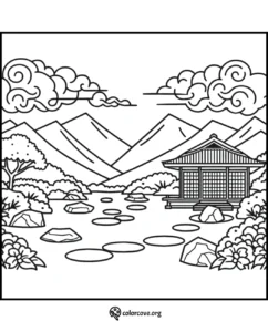 Japanese garden coloring page with pagoda, mountains, clouds, pond with stepping stones, and decorative trees.