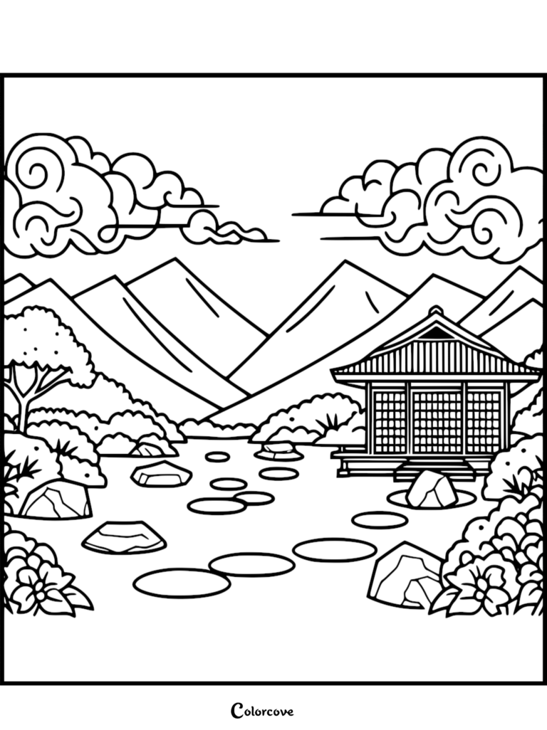 Japanese Garden coloring page featuring a traditional pavilion, stepping stones in a pond, and mountain backdrop.