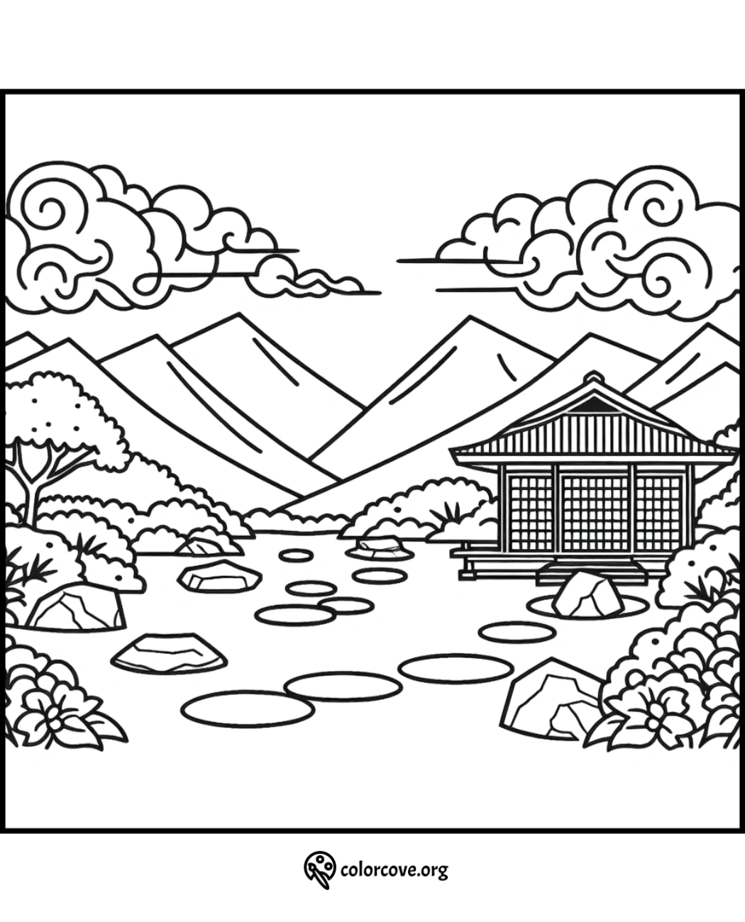 a black and white drawing of a house and mountains