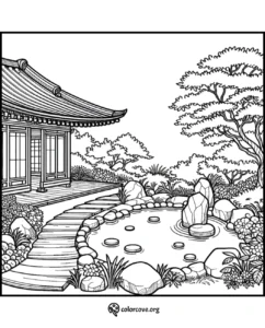 Coloring page featuring a serene Japanese garden with a pond, stepping stones, lush greenery, and a traditional wooden structure.