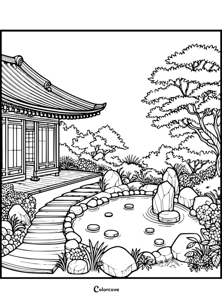 A printable Japanese Garden coloring page featuring a traditional pavilion, a stone path, and a koi pond with stepping stones.