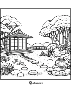 Japanese garden coloring page with a traditional house, stepping stones, trees, and a water feature. ColorCove.org.