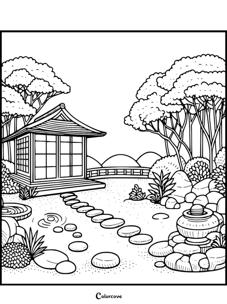 A printable Japanese Garden coloring page featuring a traditional tea house, stone path, and water fountain.