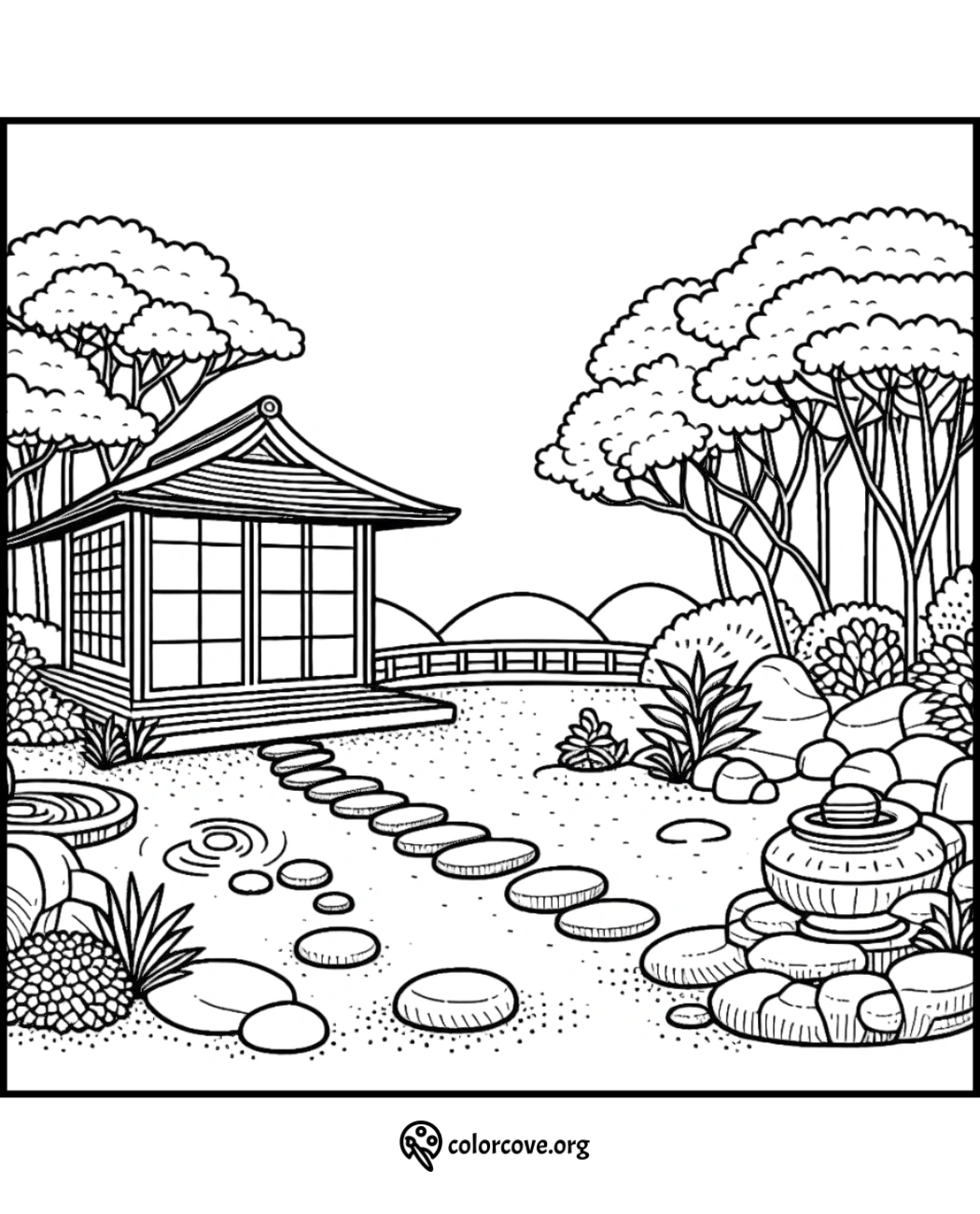 a black and white drawing of a japanese garden