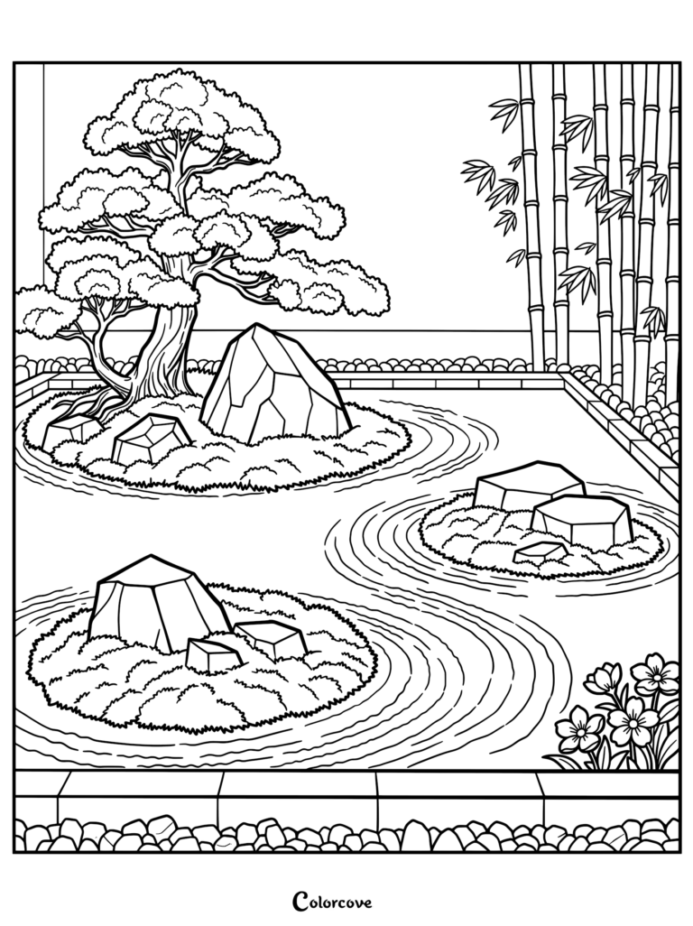 A detailed Zen Japanese garden coloring page featuring a bonsai tree, bamboo stalks, and raked gravel patterns around stone islands.