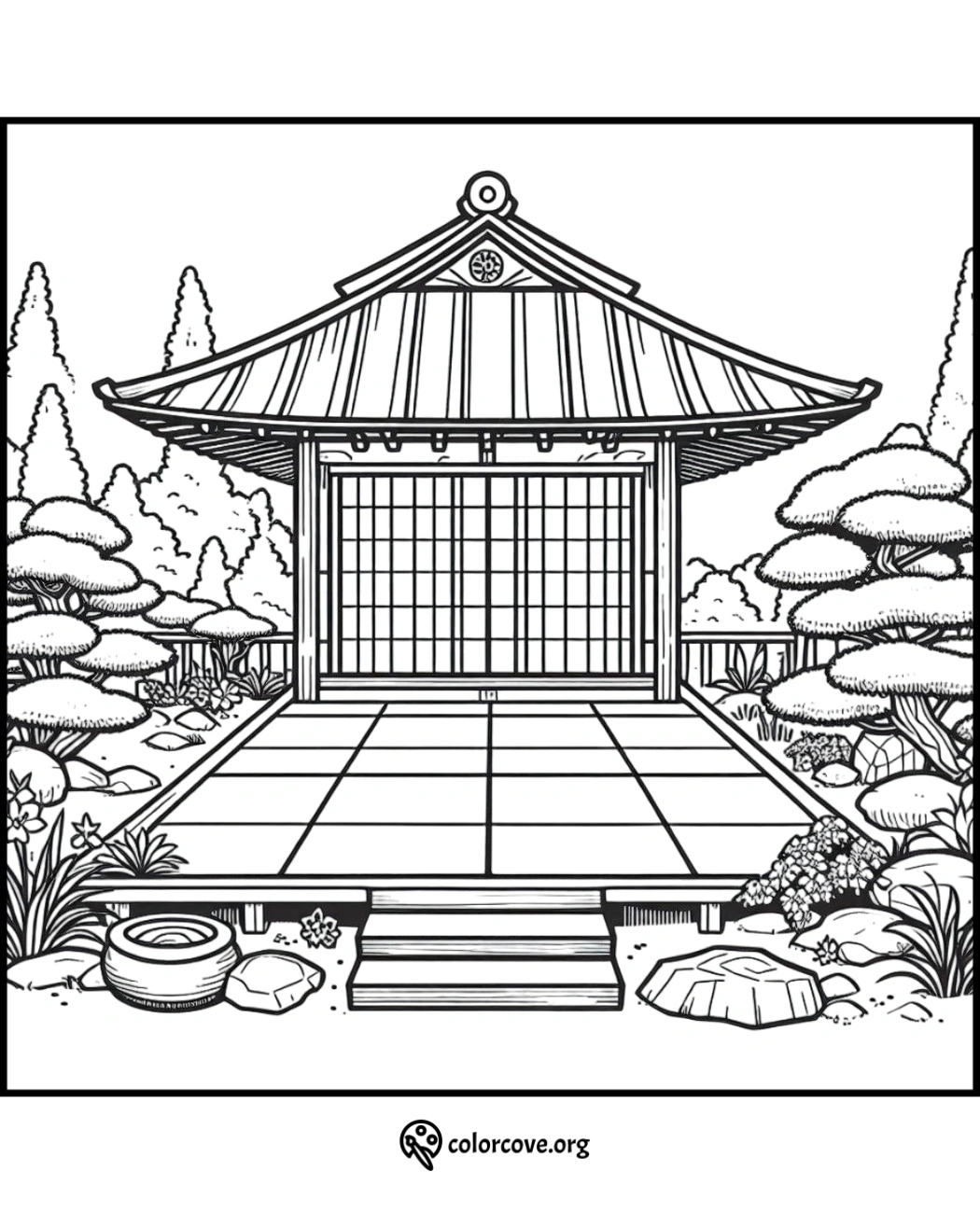 a black and white drawing of a japanese shrine