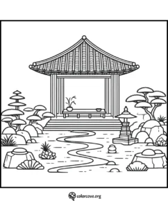 Coloring page of a tranquil Japanese garden with traditional pagoda, stone lanterns, and winding path. Ideal for relaxation.
