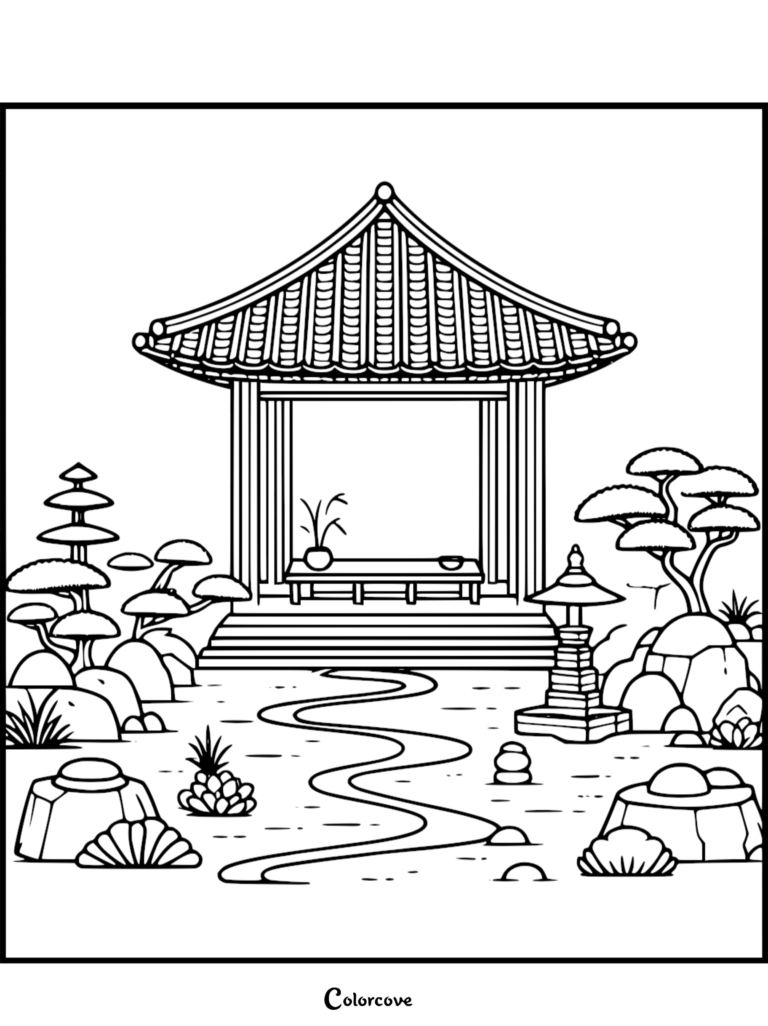 A printable Japanese Garden coloring page featuring a traditional pavilion, winding path, bonsai trees, and stone lantern.