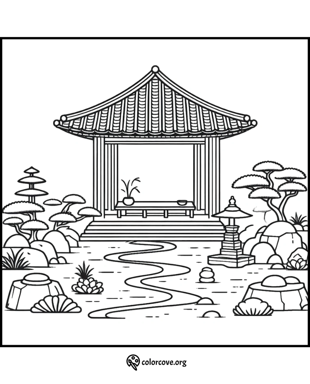 a black and white drawing of a pagoda