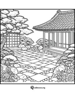 Coloring page featuring a peaceful Japanese garden with traditional architecture, tiled walkway, and lush greenery.