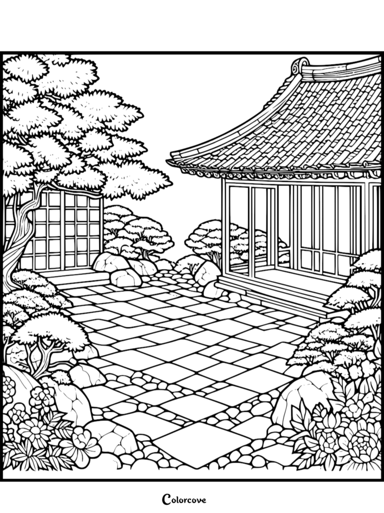 A detailed Japanese garden coloring page featuring a traditional pavilion, stone tiled patio, and manicured bonsai trees.