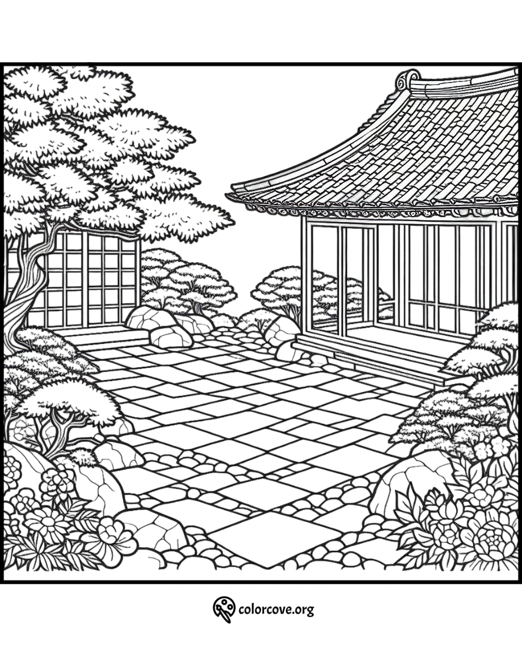 a black and white drawing of a japanese garden