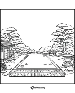 Japanese Zen garden coloring page with tranquil landscape, pathway, trees, and a pagoda-style lantern, perfect for mindfulness coloring.