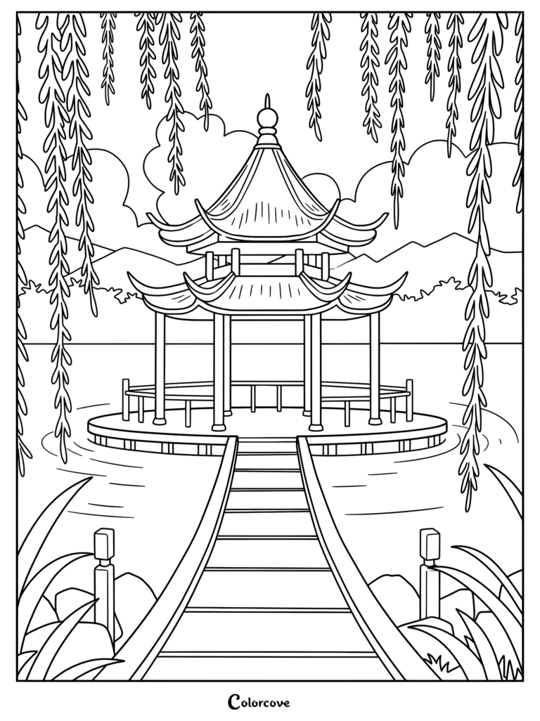 A serene Japanese garden coloring page featuring a traditional pagoda pavilion on a circular island connected by a wooden bridge, framed by weeping willow branches.