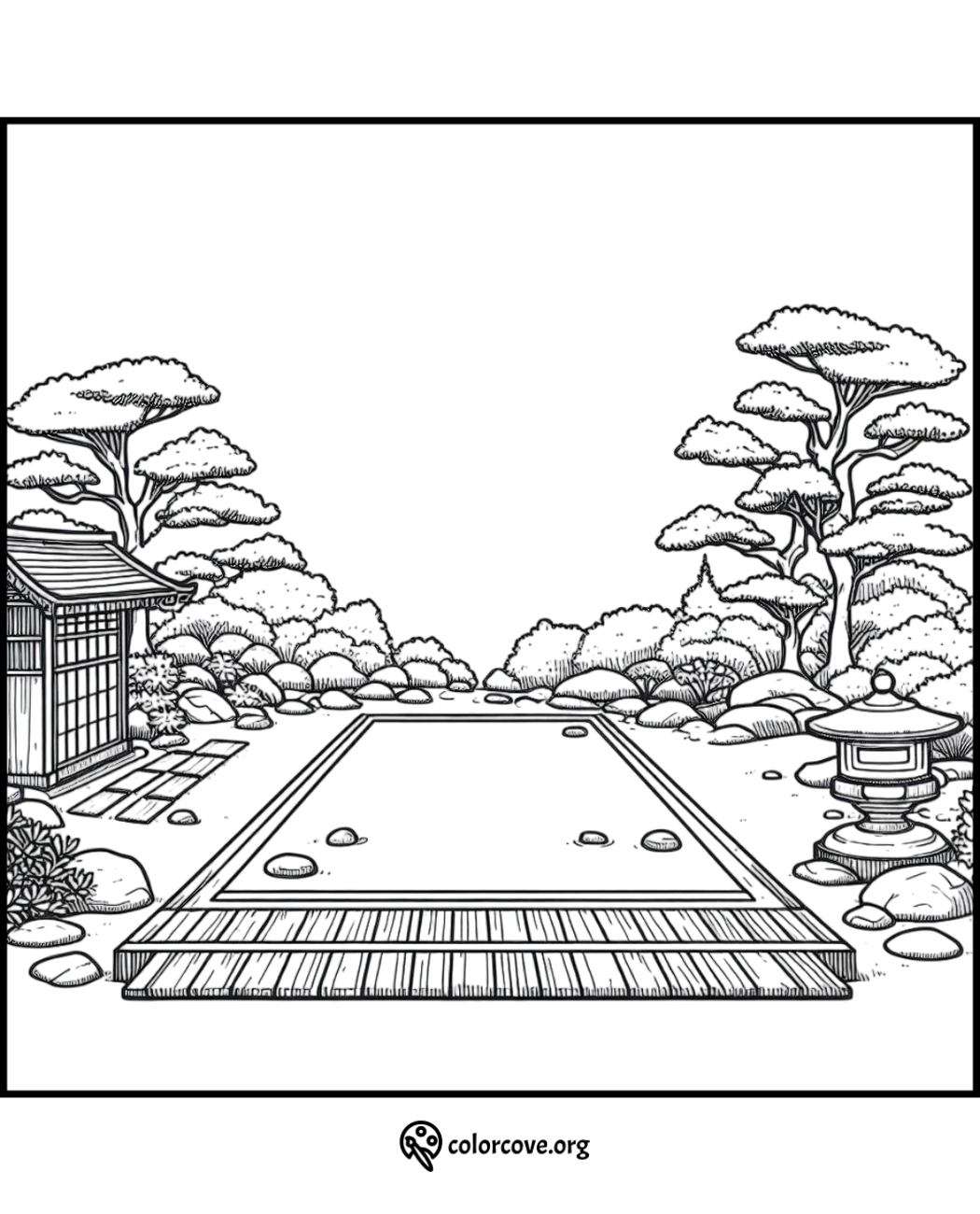 a drawing of a garden with trees and a rectangular object