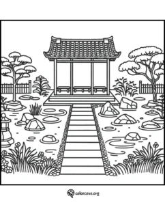 Japanese garden coloring page with a traditional pavilion, stone path, trees, and rocks surrounding a peaceful pond.